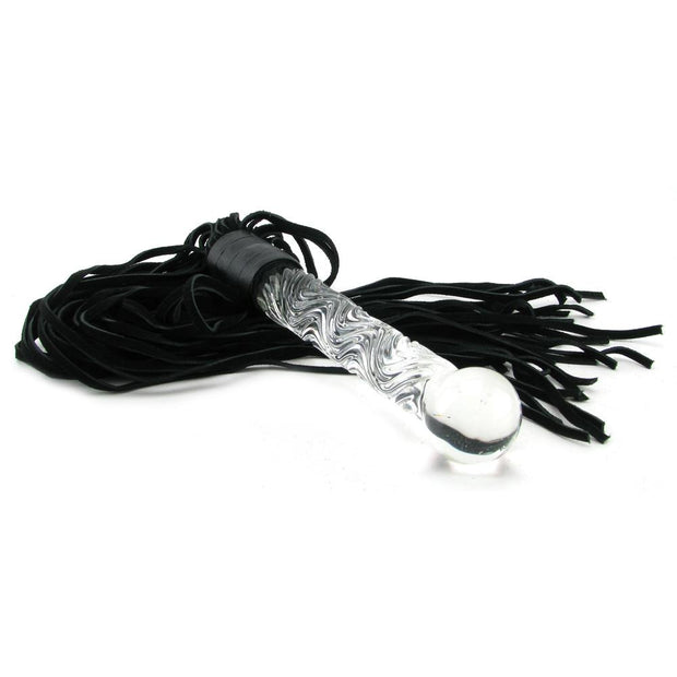Pipedream Icicles Hand Blown Glass Whip Flogger Black Crystal Clear Textured Design