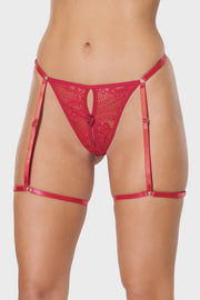 Thong Attached adjustable garters and leg bands Red O/S