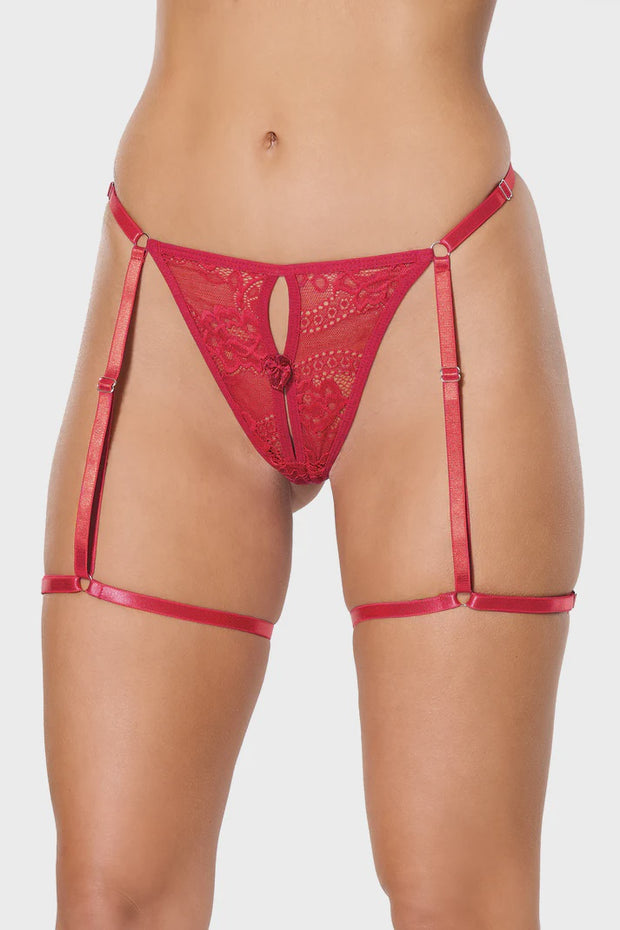 Thong Attached adjustable garters and leg bands Red O/S