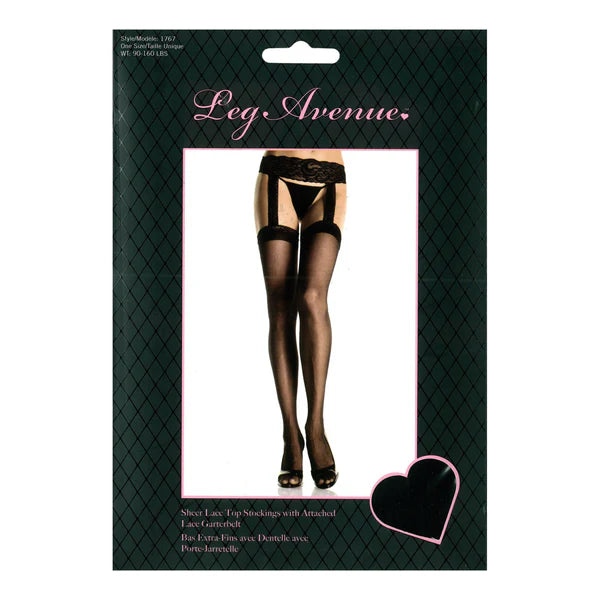 Sheer Lace Top Stockings with Attached Lace Garterbelt Black OS