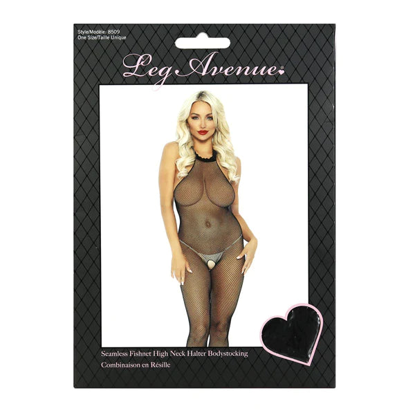 Seamless Fishnet High Neck Crotchless Halter Bodystocking Black OS