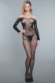 Lace Crotchless Long Sleeve Bodystocking Black OS