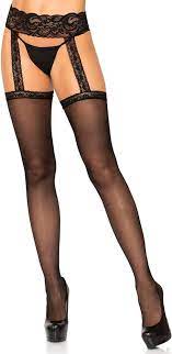 Sheer Lace Top Stockings with Attached Lace Garterbelt Black OS