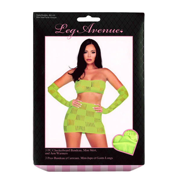 3 Pc Checkerboard Bandeau, Mini Skirt, & Arm Warmers Neon Green OS