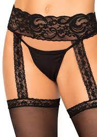 Sheer Lace Top Stockings with Attached Lace Garterbelt Black OS