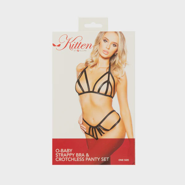 Kitten by Allure O-Baby Strappy Bra & Crotchless Panty Set Black  OS