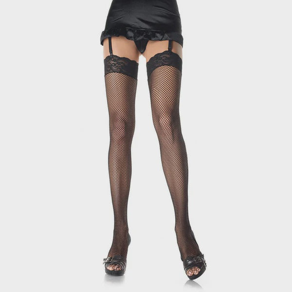 Fishnet Thigh Highs with Lace Top Black OS