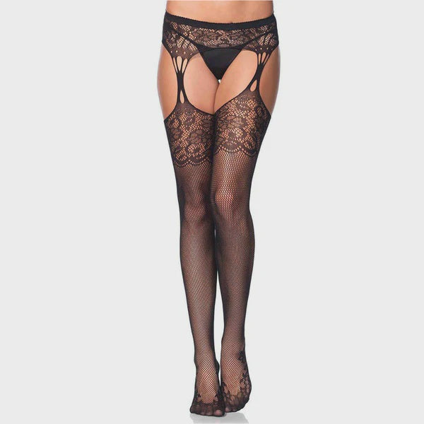 Lace Top Fishnet Stockings with Lace Black OS