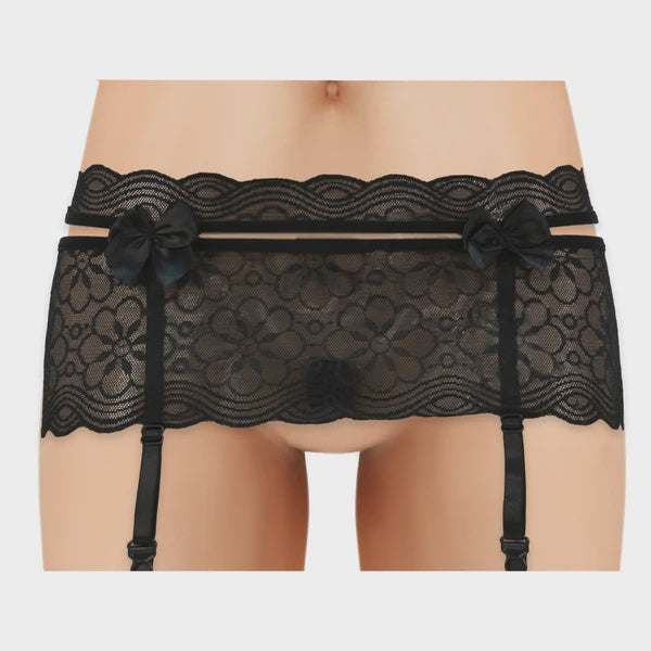 Cherry Wear Lace Garter Belt with Bows Black OS