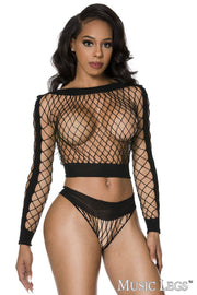 2PC Lace Set Black Fishinet OS