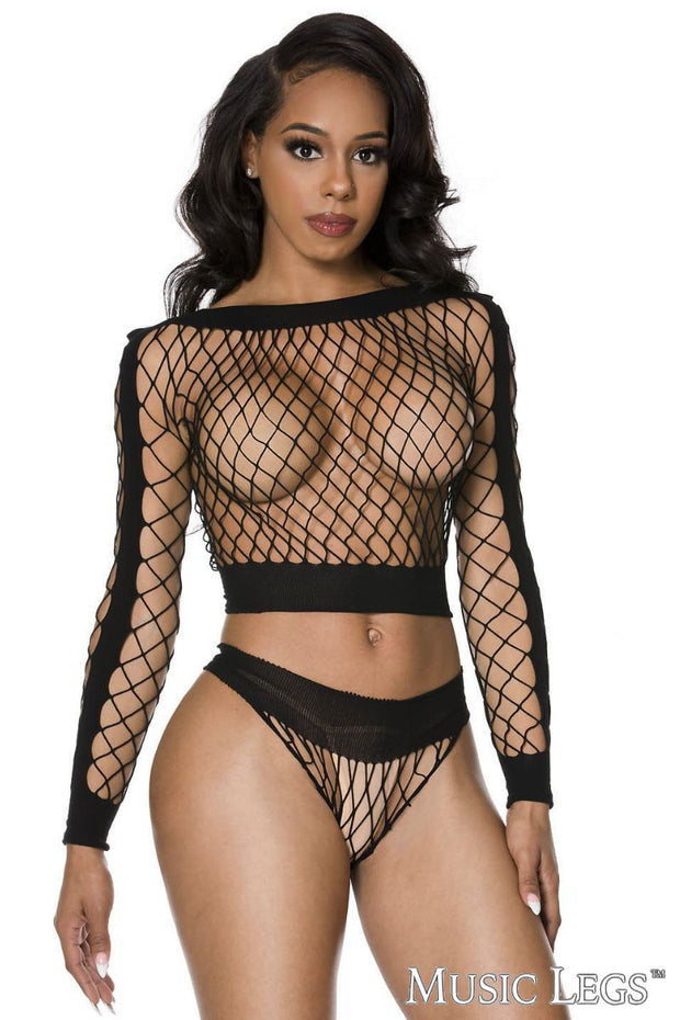 2PC Lace Set Black Fishinet OS