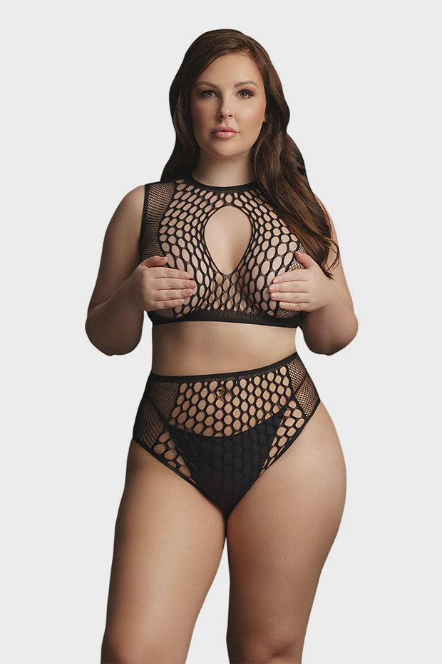 Le Désir Duo Net Key-Hole Black Bra 2pc Set OSXL