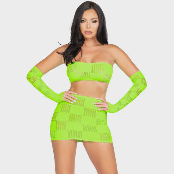 3 Pc Checkerboard Bandeau, Mini Skirt, & Arm Warmers Neon Green OS