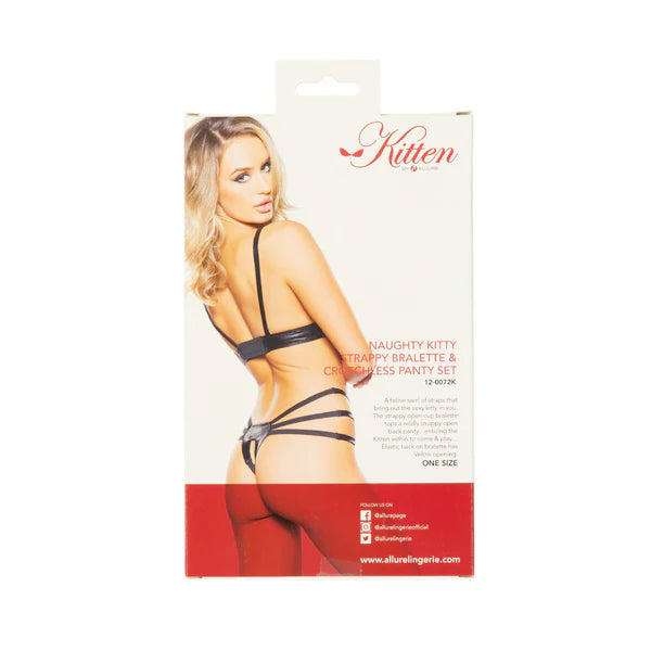 Naughty Kitty Strappy Bralette & Crotchless Panty Set Black OS