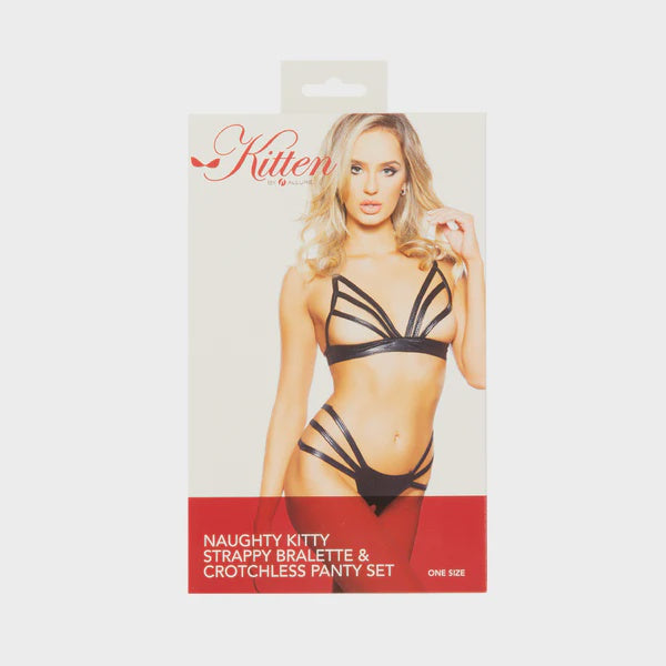 Naughty Kitty Strappy Bralette & Crotchless Panty Set Black OS