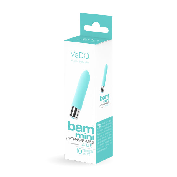 VeDo Bam Mini Rechargeable Vibrator Bullet Vibe Tease Me Turquoise Package Front Box