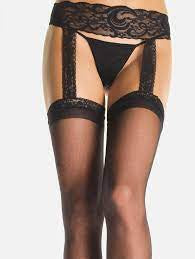 Sheer Lace Top Stockings with Attached Lace Garterbelt Black OS