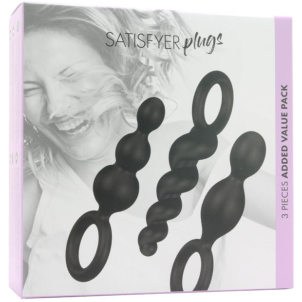 Satisfyer Plugs Silicone 3 Piece Set in Black Anal Toy Package Front Box